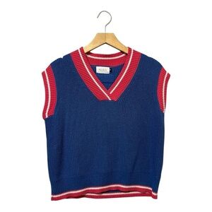 A.L.B.A. Sweater Vest Size XS Preppy Academia V Neck Blue Pink Cotton Blend